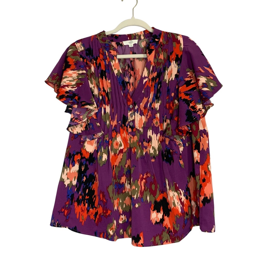 Entro Purple Blouse Flutter Sleeve V-Neck Abstract‎ Print Pintuck Detail Top M